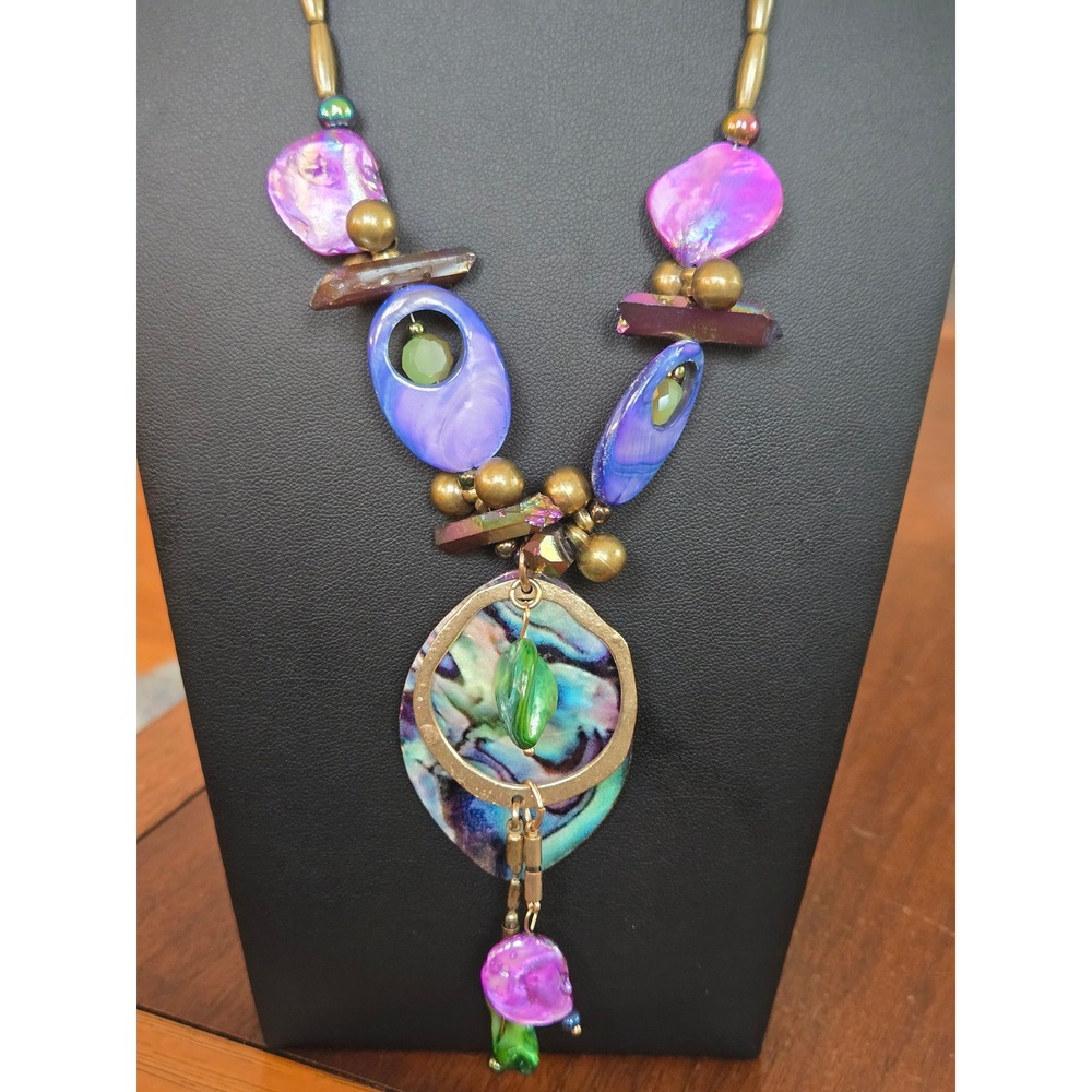 Artisan Boho Mixed Metal Shell Abalone Mother of Pearl Necklace Craftmenship